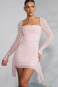 Oh Polly Party Dresses | Birthday^Long Sleeve Embellished Cowl Neck Mini Dress in Blush