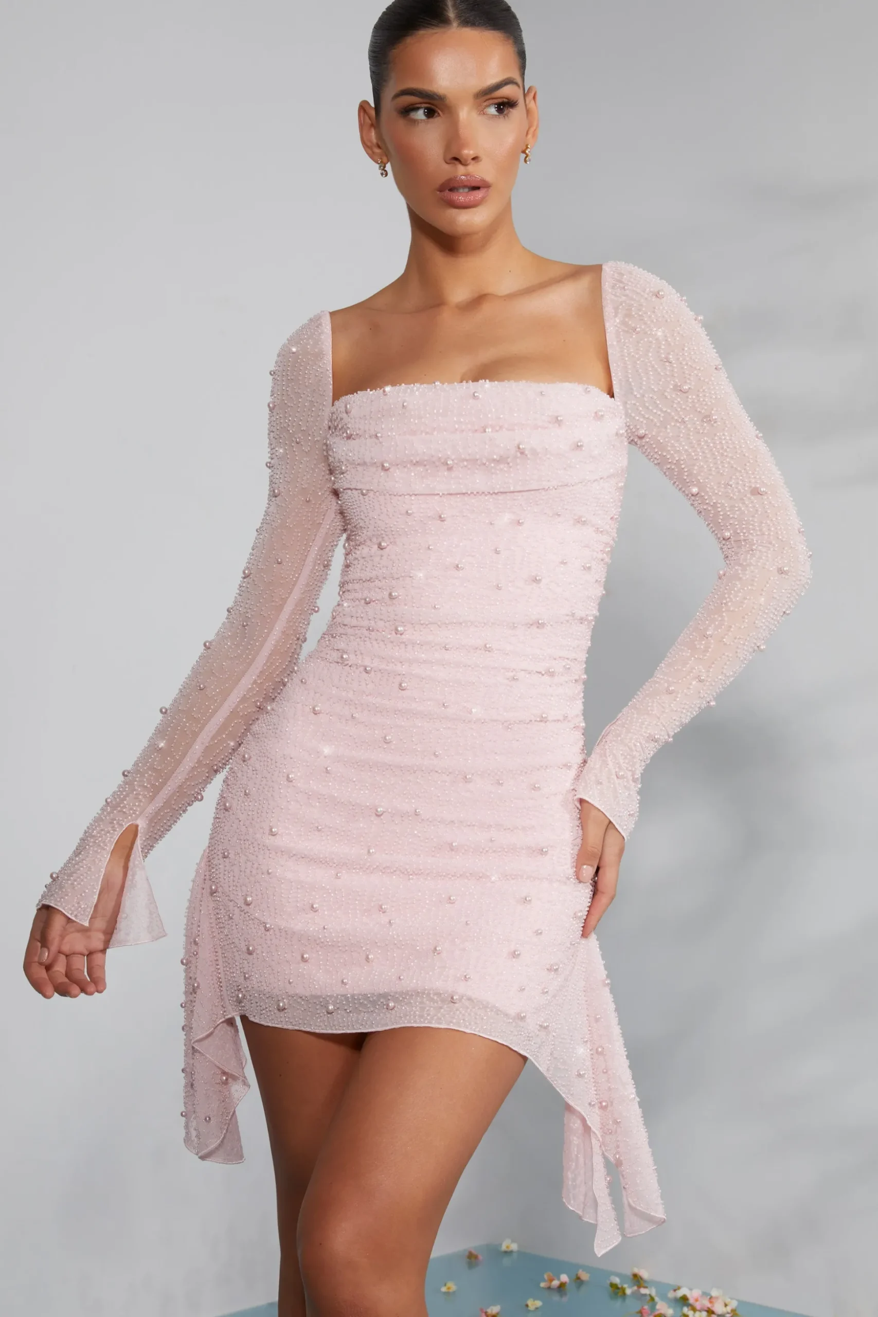 Oh Polly Party Dresses | Birthday^Long Sleeve Embellished Cowl Neck Mini Dress in Blush