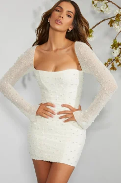 Oh Polly Party Dresses | Bride To Be^Long Sleeve Embellished Corset Mini Dress in Ivory