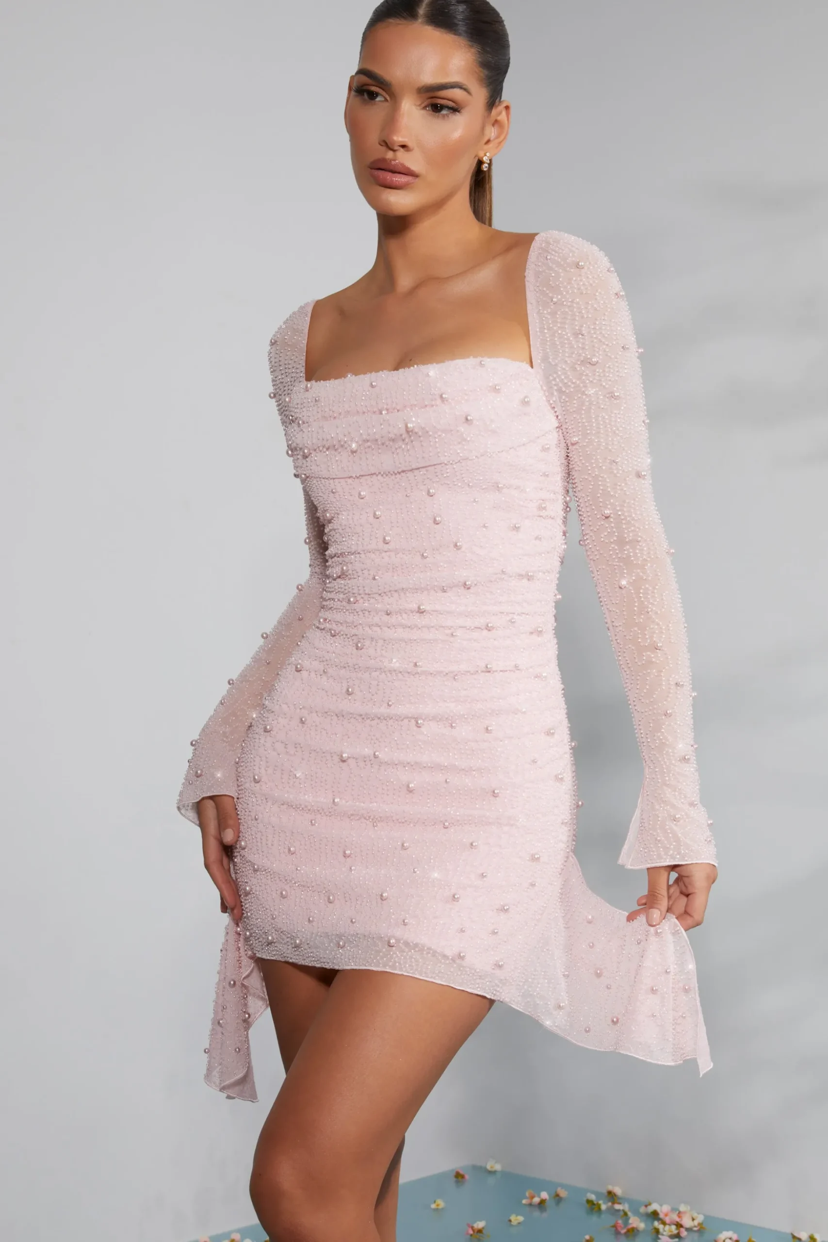 Oh Polly Party Dresses | Birthday^Long Sleeve Embellished Cowl Neck Mini Dress in Blush