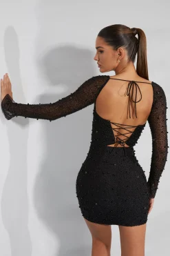 Oh Polly Party Dresses | Birthday^Long Sleeve Embellished Corset Mini Dress in Black