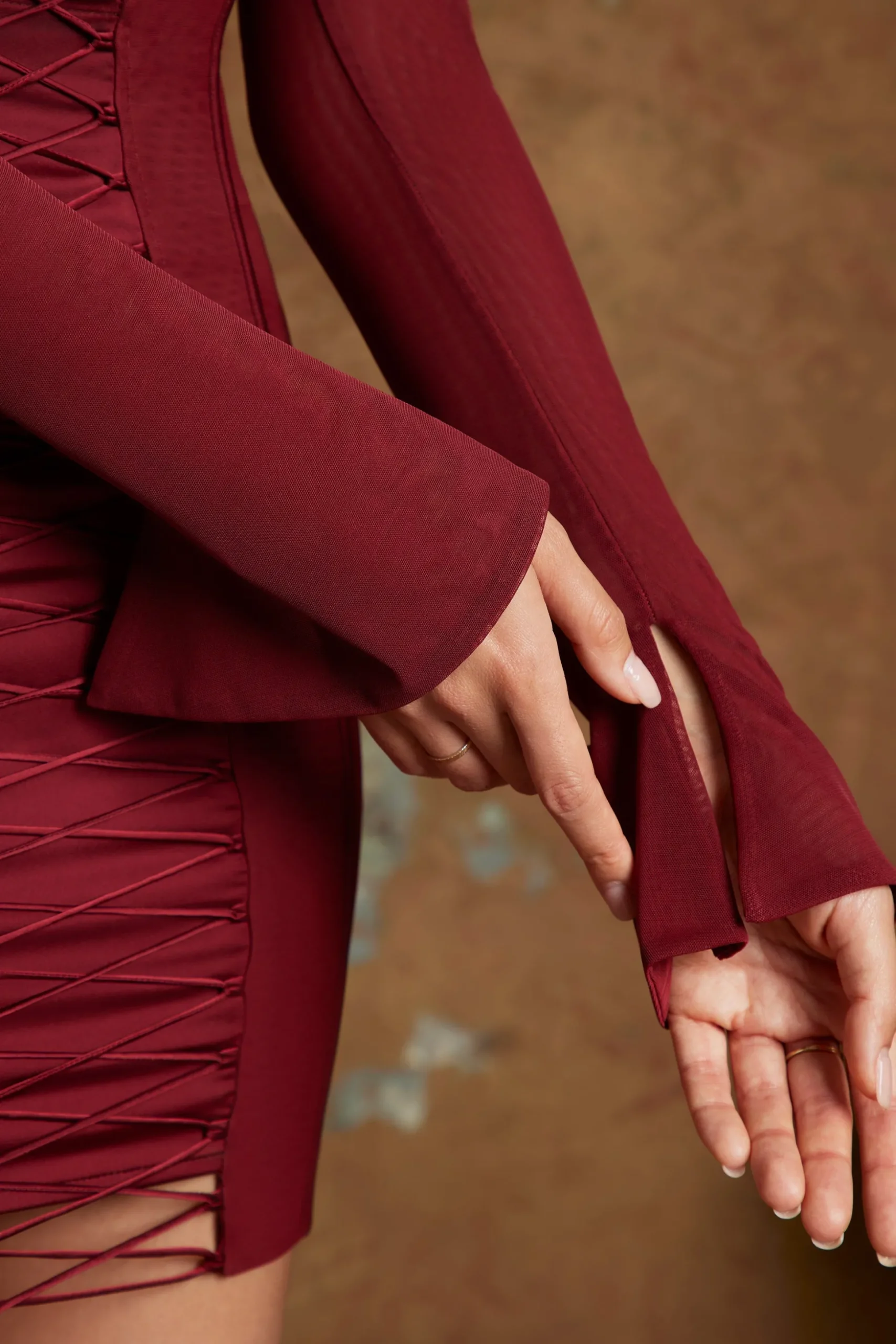 Oh Polly Women'S Clothing Sale - $65 And Under | Women'S Clothing Sale - $40 And Under^Long Sleeve Lace Up Corset Micro Mini Dress in Wine