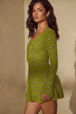 Oh Polly Party Dresses | Birthday^Long Sleeve Lace Up Mini Dress in Olive