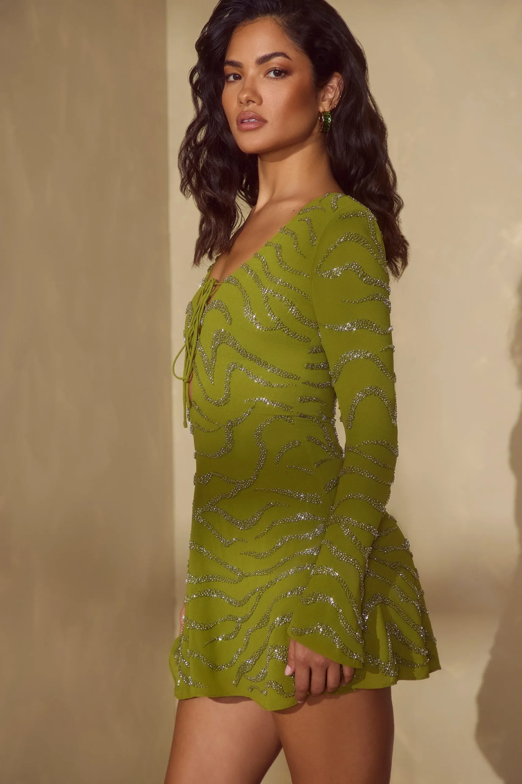 Oh Polly Party Dresses | Birthday^Long Sleeve Lace Up Mini Dress in Olive