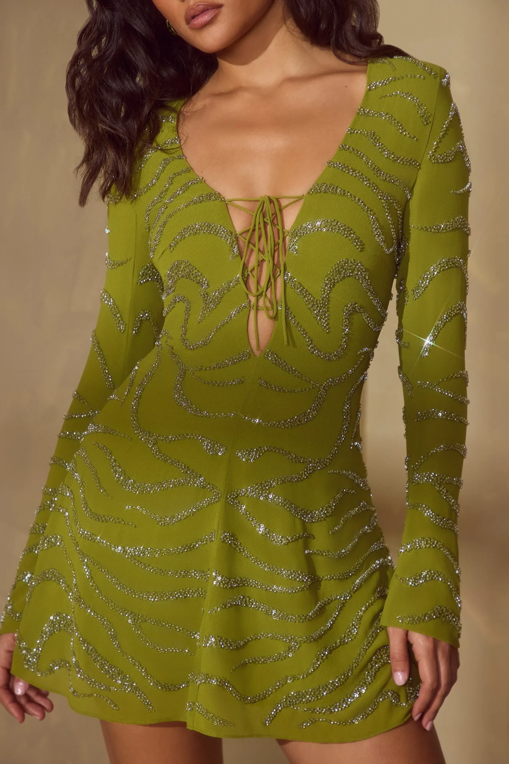 Oh Polly Party Dresses | Birthday^Long Sleeve Lace Up Mini Dress in Olive