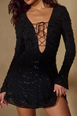 Oh Polly Party Dresses | Birthday^Long Sleeve Lace Up Mini Dress in Black
