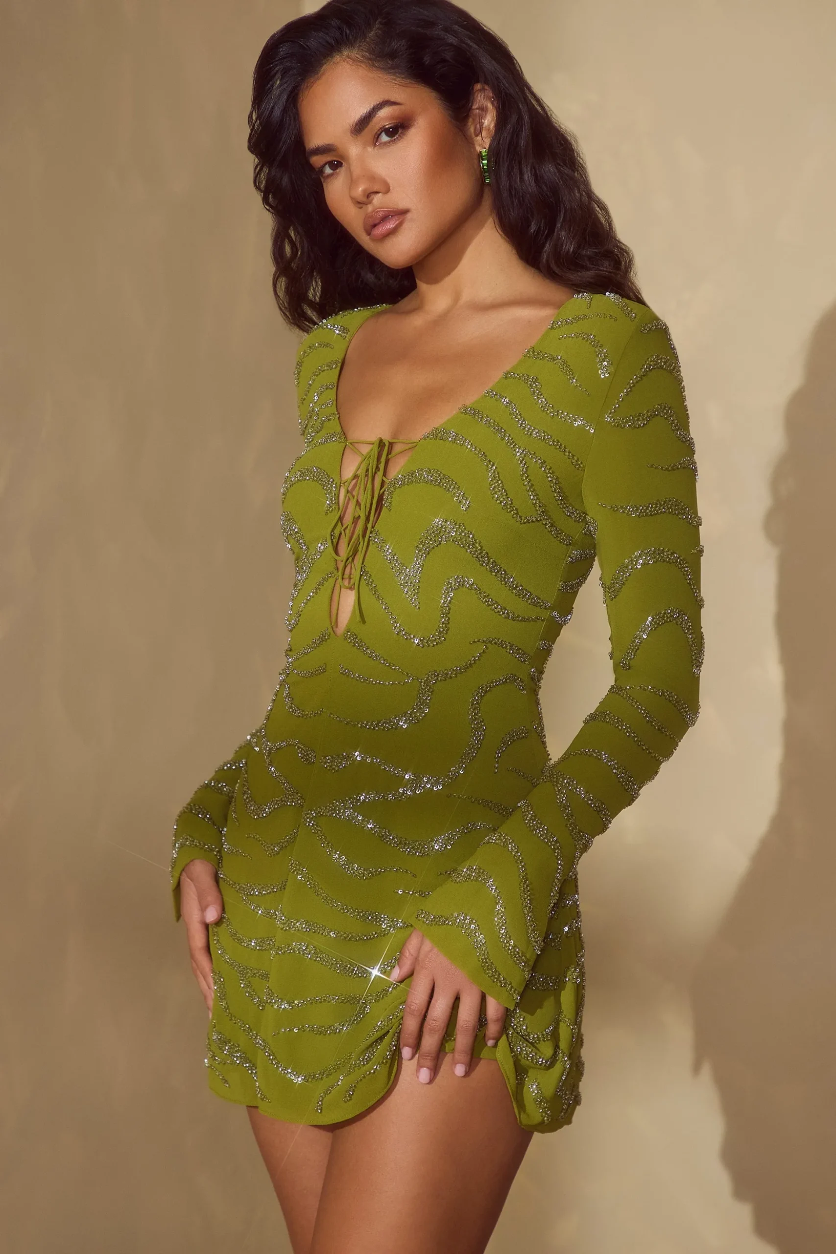 Oh Polly Party Dresses | Birthday^Long Sleeve Lace Up Mini Dress in Olive