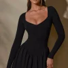 Oh Polly Elevated Essentials^Long Sleeve Layered A-Line Mini Dress in Black