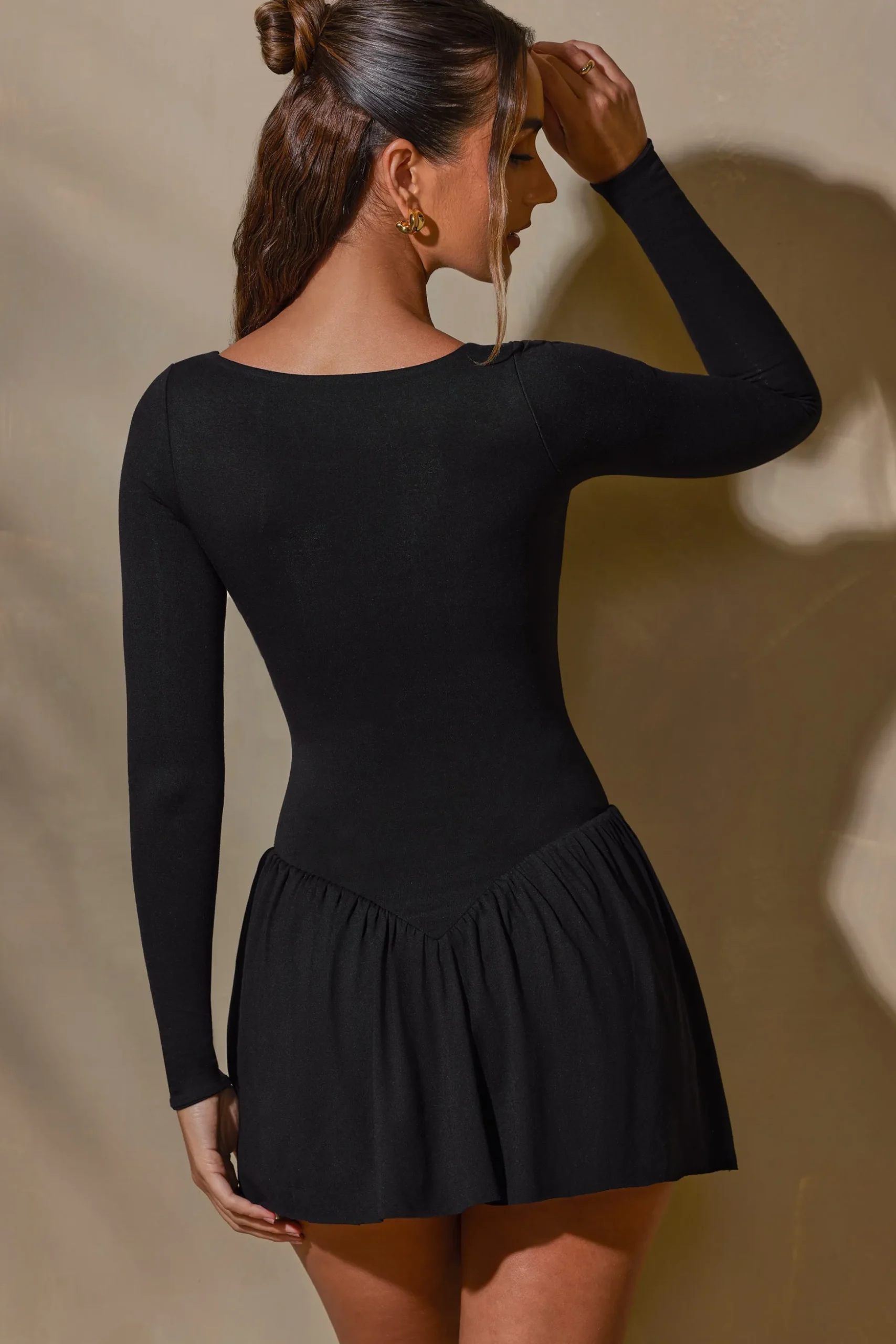 Oh Polly Elevated Essentials^Long Sleeve Layered A-Line Mini Dress in Black