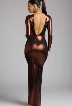 Oh Polly Women'S Clothing Sale - $65 And Under | Party Dresses^Long Sleeve Metallic Jersey Evening Gown in Copper Bronze CopperBronze