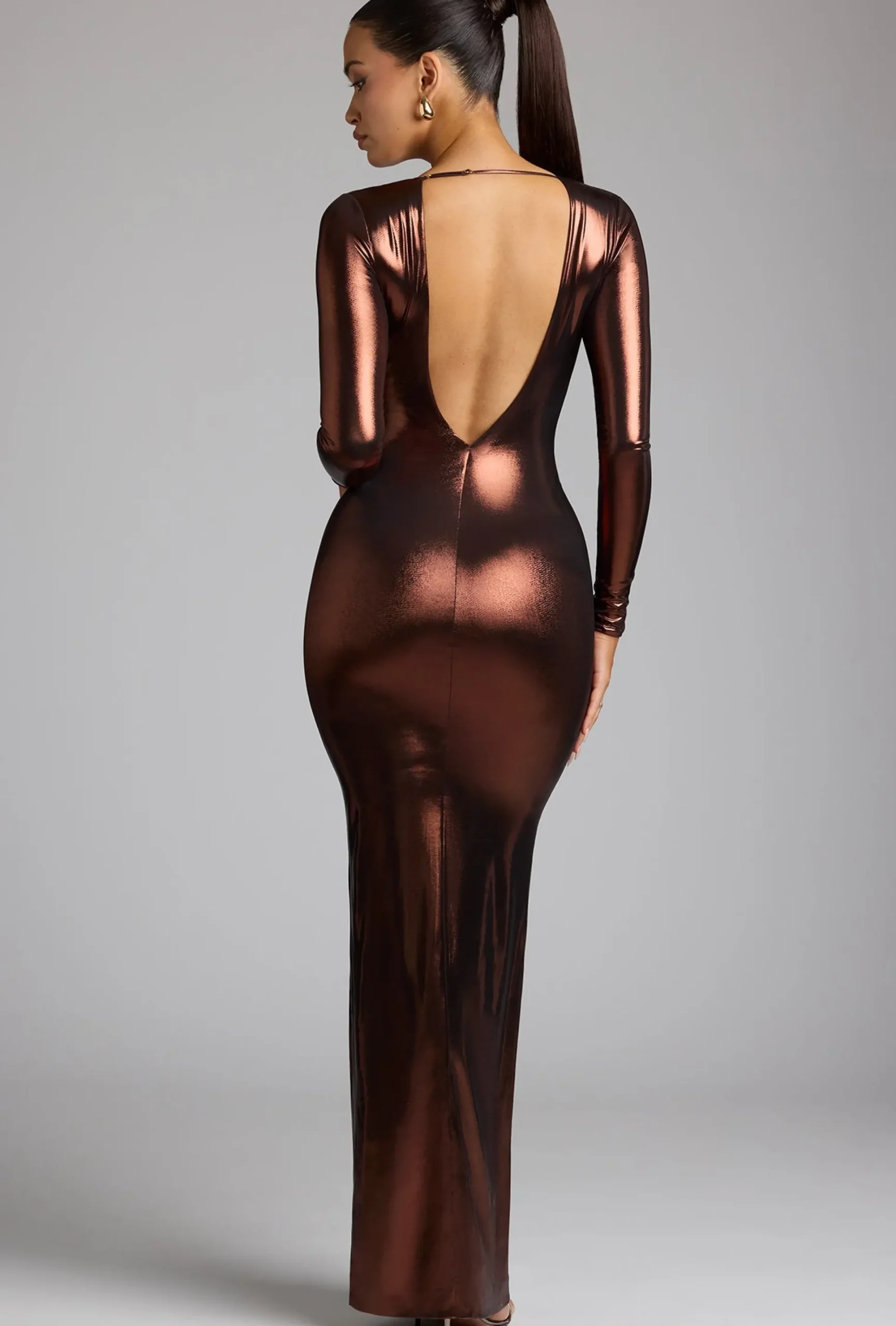 Oh Polly Women'S Clothing Sale - $65 And Under | Party Dresses^Long Sleeve Metallic Jersey Evening Gown in Copper Bronze CopperBronze