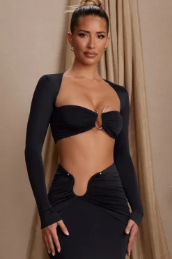 Oh Polly Co-Ords | Tops^Long Sleeve Ruched Crop Top in Black
