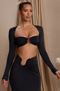Oh Polly Co-Ords | Tops^Long Sleeve Ruched Crop Top in Black