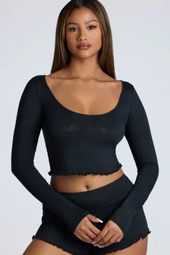 Oh Polly Women'S Clothing Sale - $65 And Under | Women'S Clothing Sale - $40 And Under^Long Sleeve Scoop Neck Pointelle Crop Top in Black