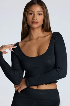 Oh Polly Women'S Clothing Sale - $65 And Under | Women'S Clothing Sale - $40 And Under^Long Sleeve Scoop Neck Pointelle Crop Top in Black