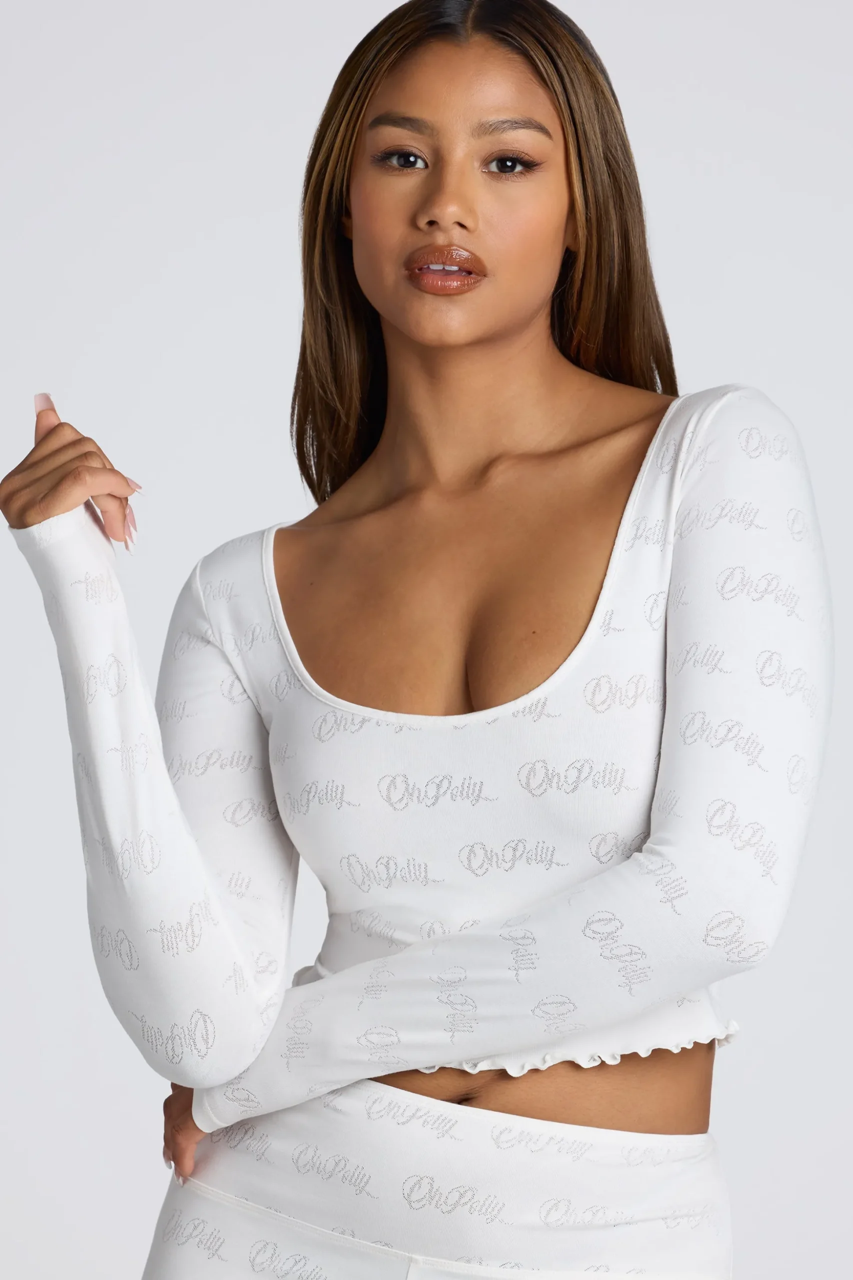 Oh Polly Women'S Clothing Sale - $65 And Under | Women'S Clothing Sale - $40 And Under^Long Sleeve Scoop Neck Pointelle Crop Top in White