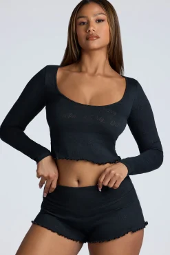 Oh Polly Women'S Clothing Sale - $65 And Under | Women'S Clothing Sale - $40 And Under^Long Sleeve Scoop Neck Pointelle Crop Top in Black