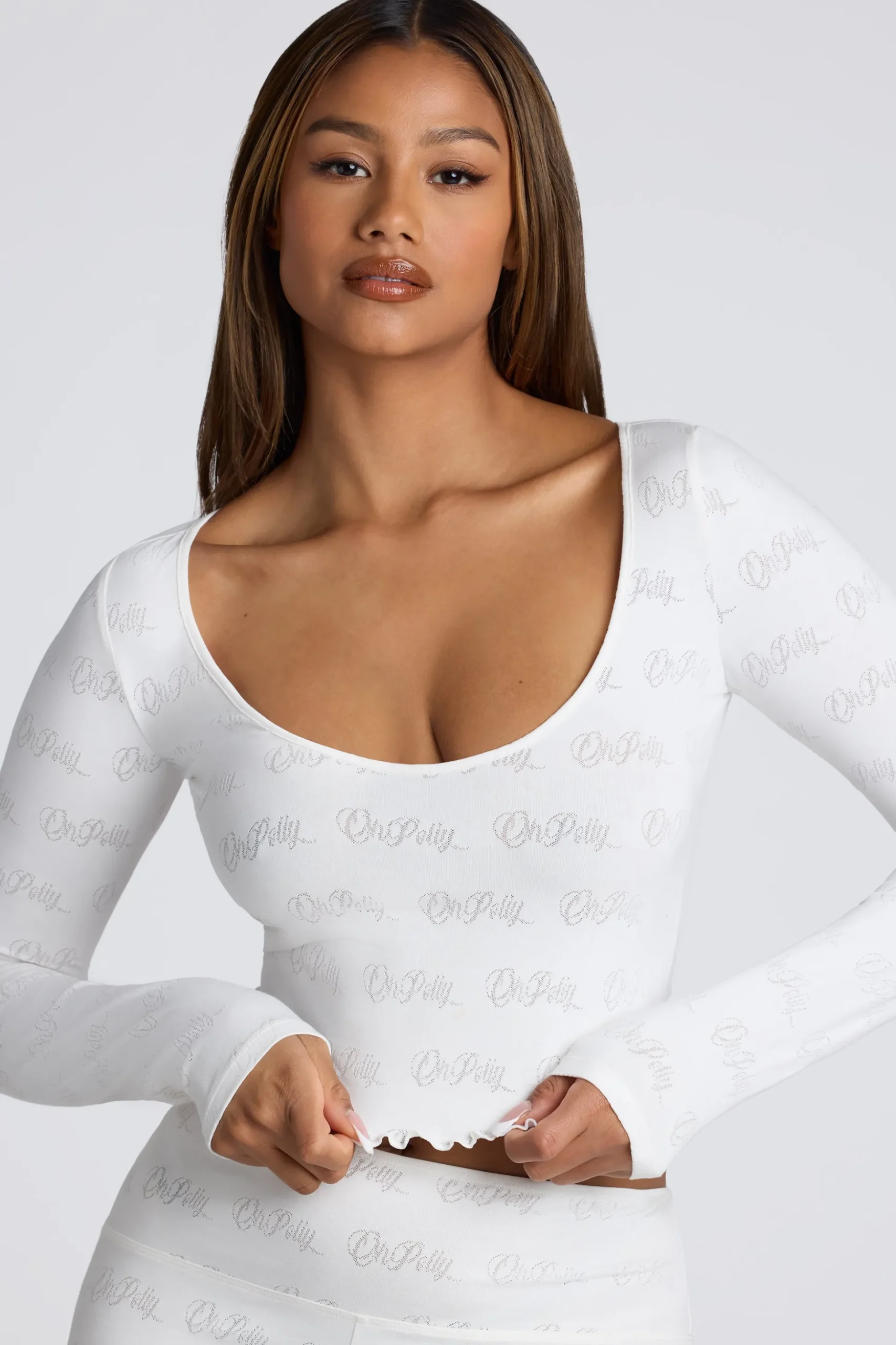 Oh Polly Women'S Clothing Sale - $65 And Under | Women'S Clothing Sale - $40 And Under^Long Sleeve Scoop Neck Pointelle Crop Top in White