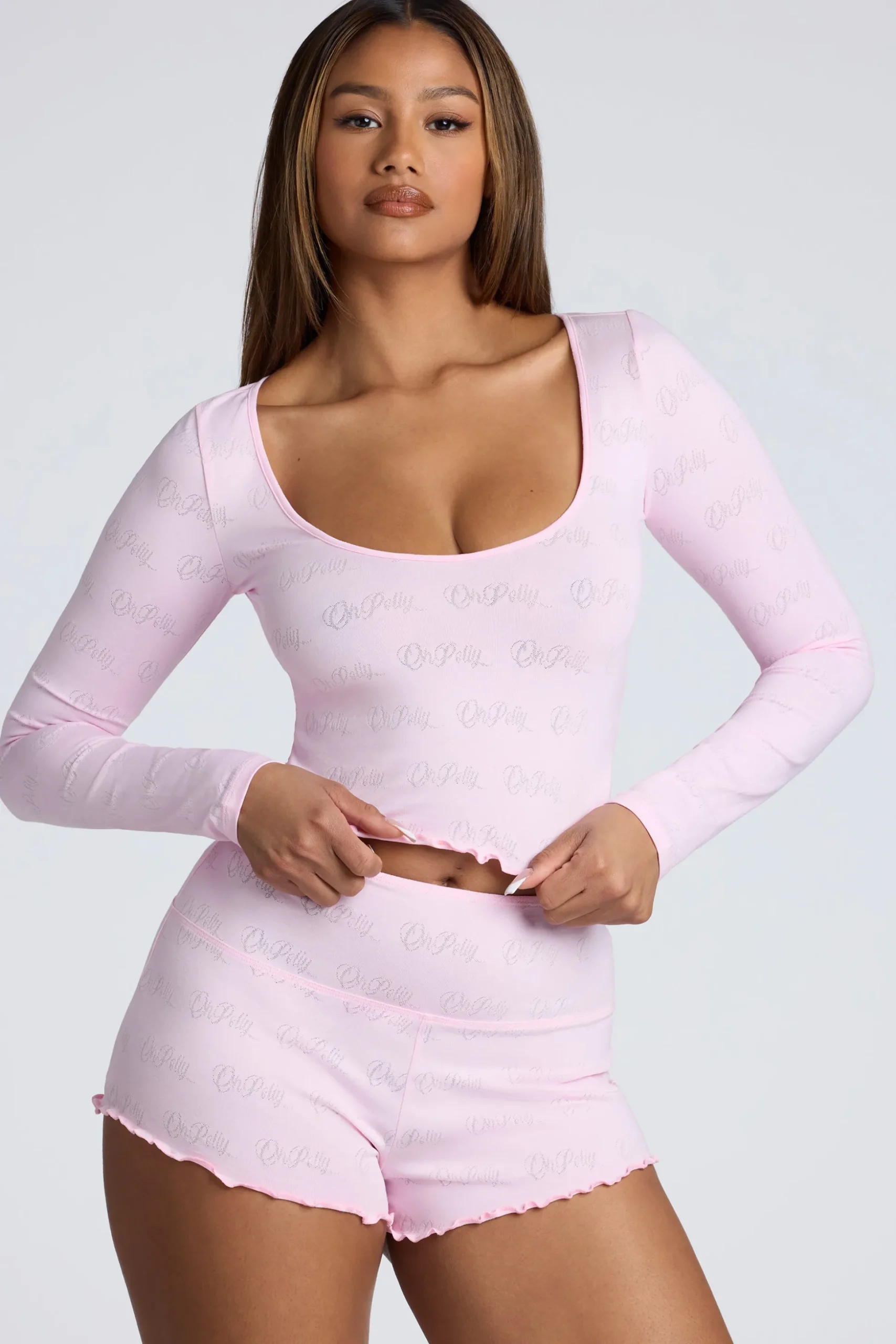 Oh Polly Women'S Clothing Sale - $65 And Under | Women'S Clothing Sale - $40 And Under^Long Sleeve Scoop Neck Pointelle Crop Top in Baby Pink BabyPink