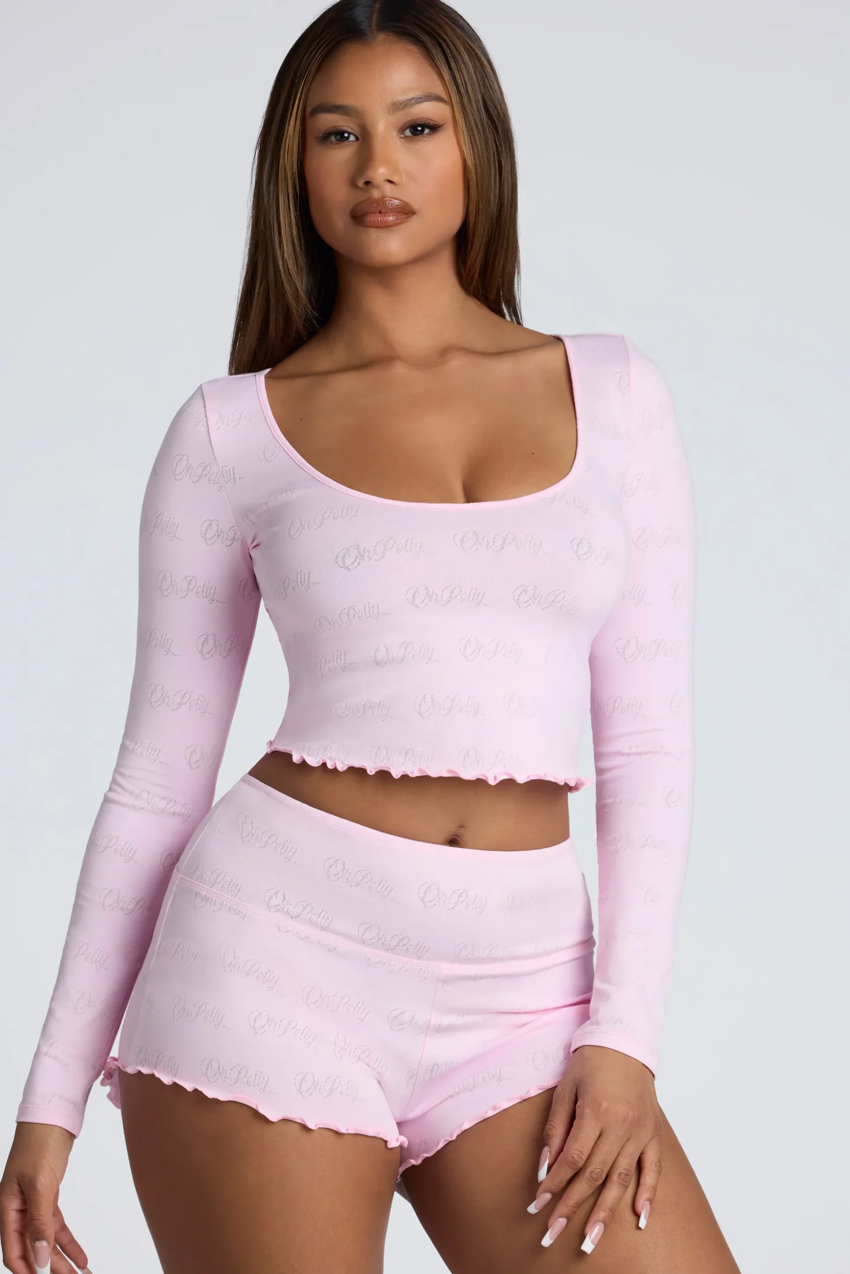 Oh Polly Women'S Clothing Sale - $65 And Under | Women'S Clothing Sale - $40 And Under^Long Sleeve Scoop Neck Pointelle Crop Top in Baby Pink BabyPink