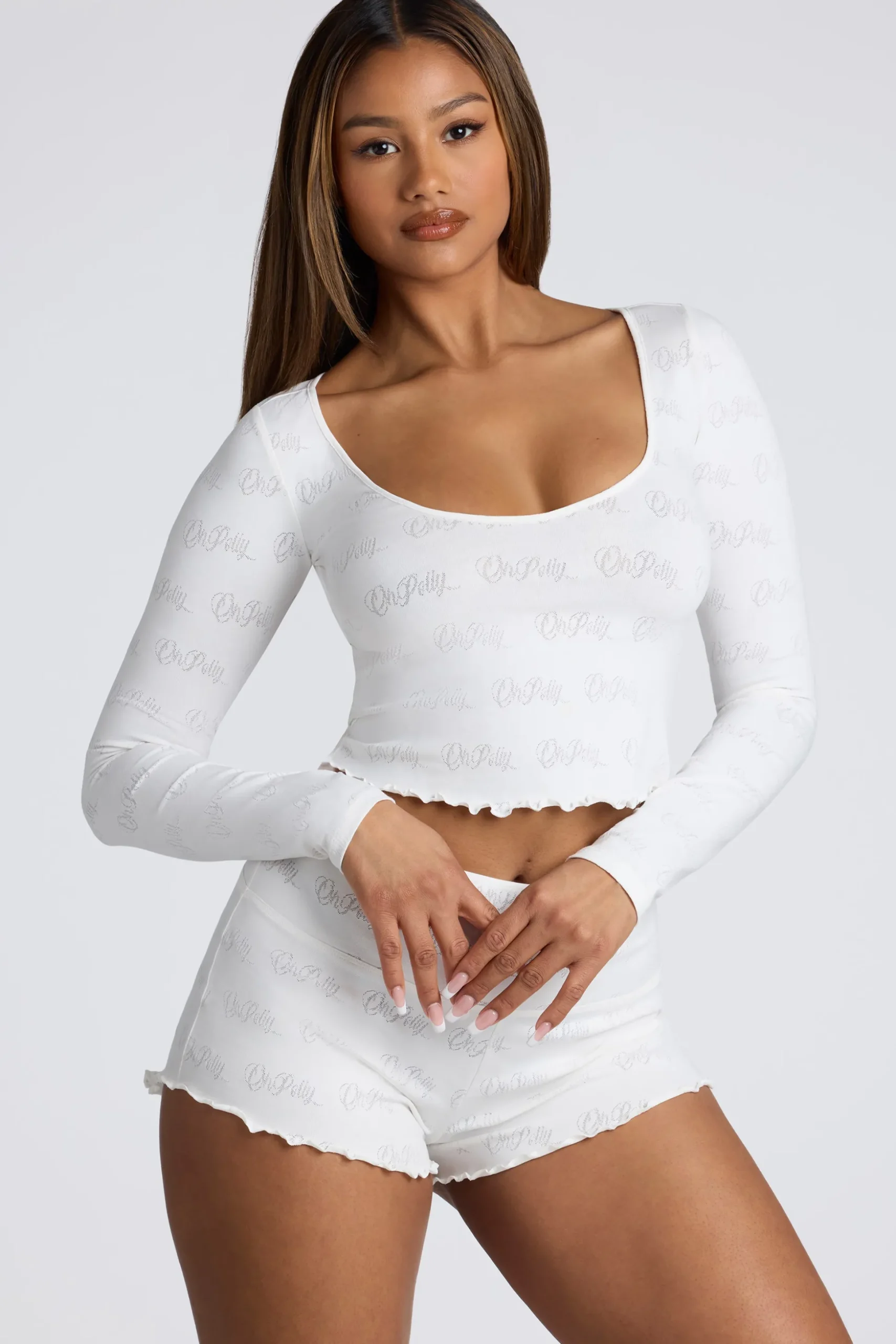 Oh Polly Women'S Clothing Sale - $65 And Under | Women'S Clothing Sale - $40 And Under^Long Sleeve Scoop Neck Pointelle Crop Top in White