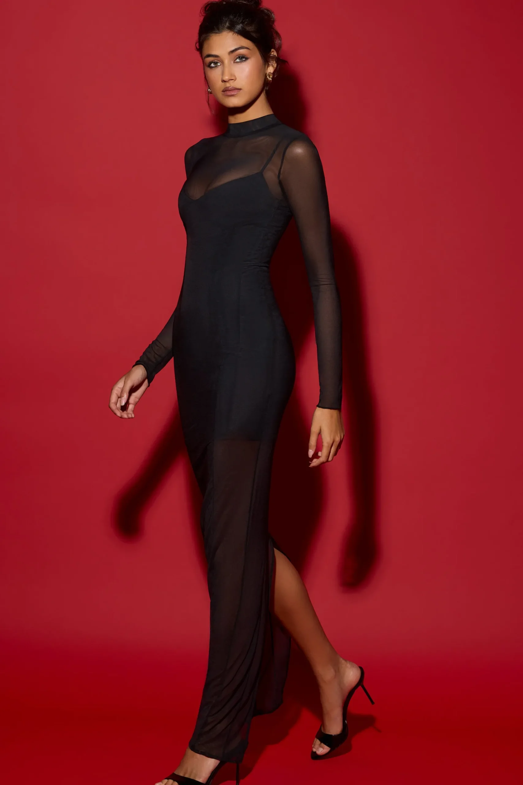 Oh Polly Mesh Dresses^Long Sleeve Sheer Layered Maxi Dress in Black