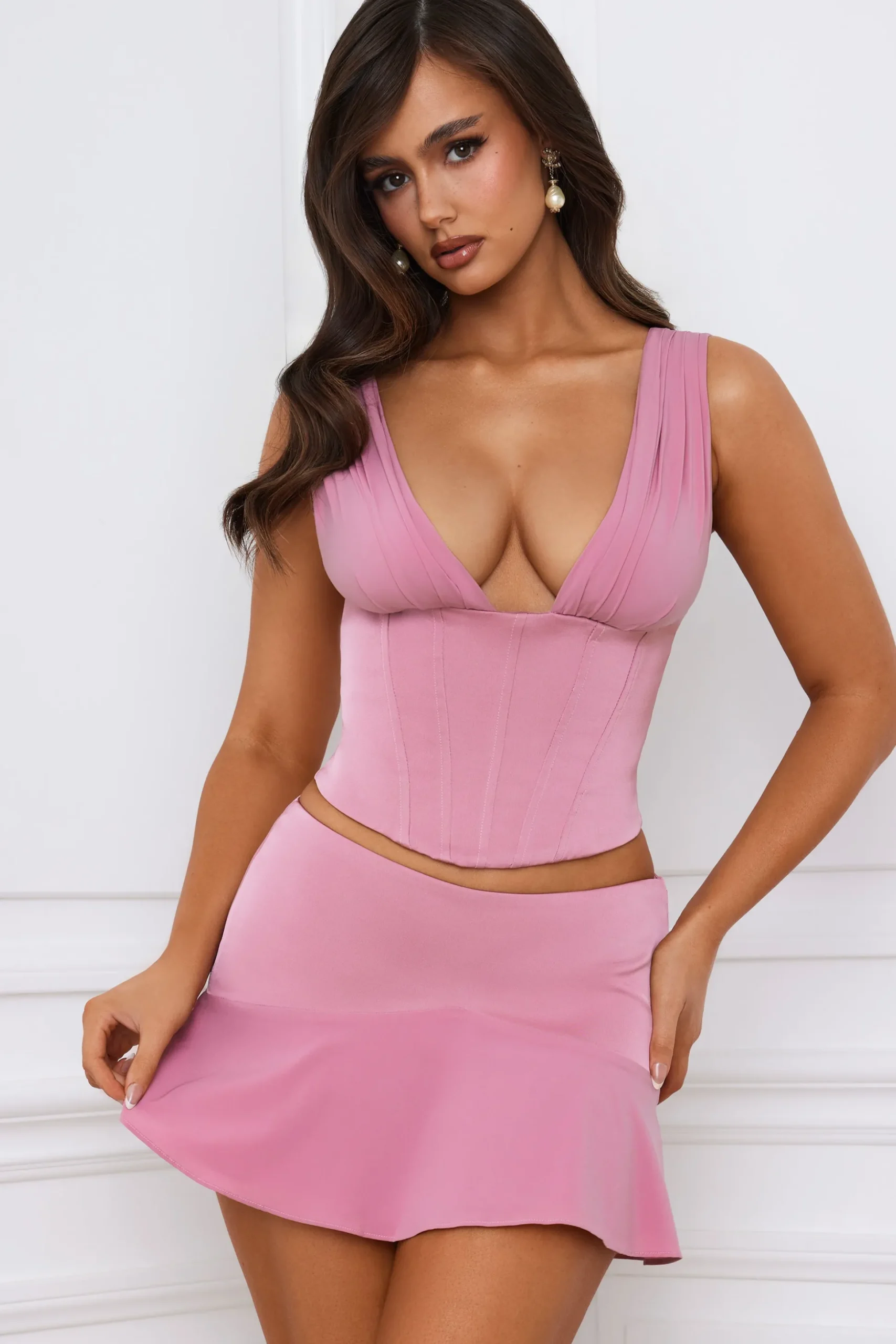 Oh Polly Co-Ords | Tops^Longline Lace-Up Corset Top in Mauve