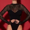 Oh Polly Tops^Long-Sleeve Warp-Knit Bodysuit in Black