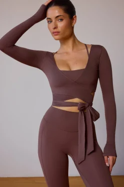 Oh Polly Tops | Tops^Long-Sleeve Wrap Crop Top in Taupe Brown TaupeBrown