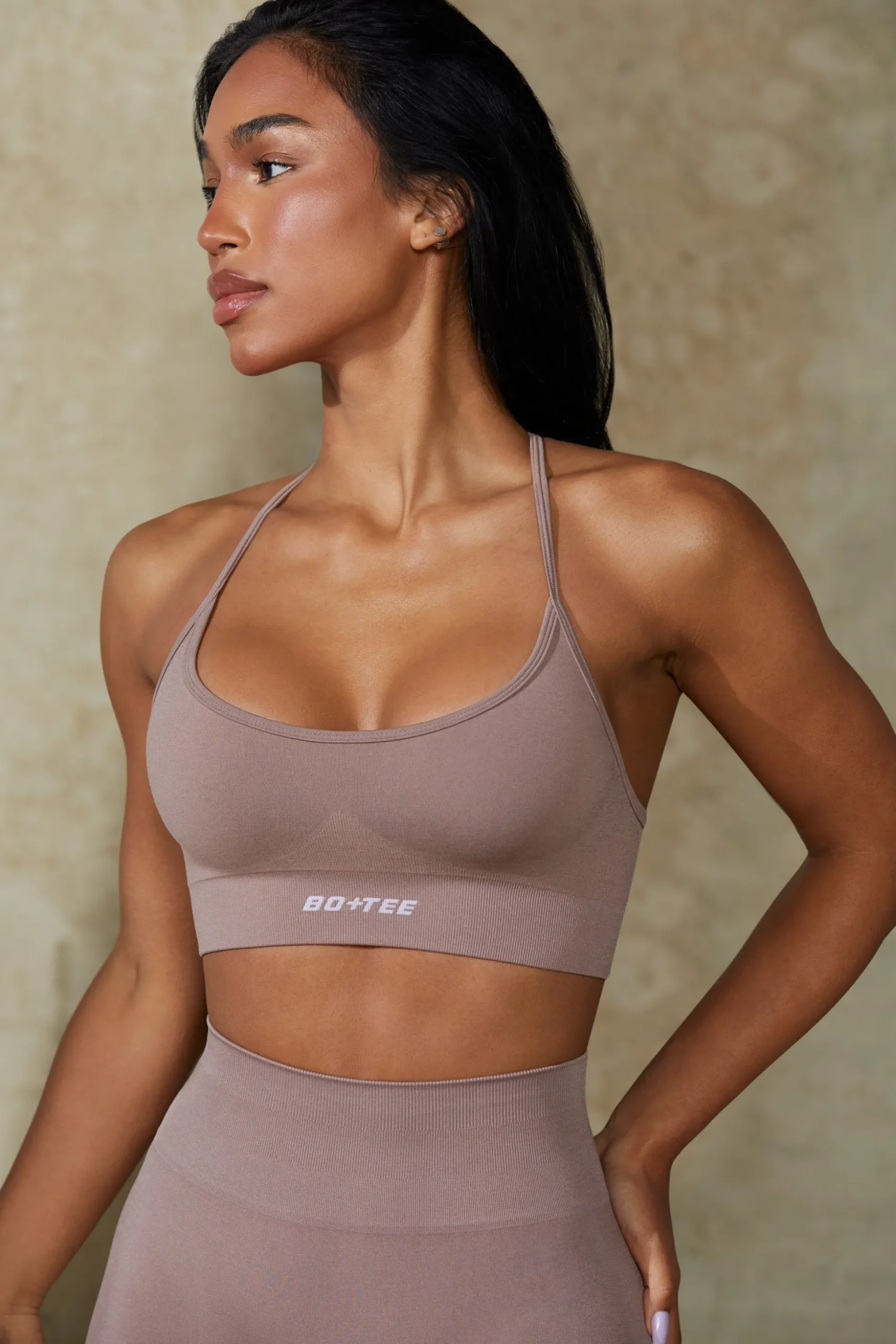 Oh Polly Matching Sets | Sports Bras^Low Back Define Luxe Sports Bra in Mocha