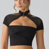 Oh Polly Tops | Fall Outfits^Mesh Cap Sleeve Cut Out Crop Top in Black