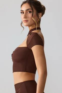 Oh Polly Tops^Mesh Cap Sleeve Cut Out Crop Top in Espresso