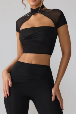 Oh Polly Tops | Fall Outfits^Mesh Cap Sleeve Cut Out Crop Top in Black