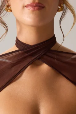 Oh Polly Tops^Mesh Cap Sleeve Cut Out Crop Top in Espresso