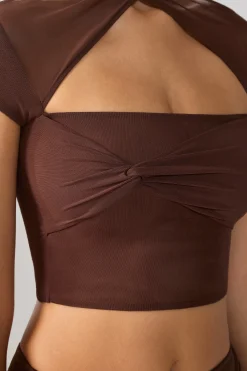 Oh Polly Tops^Mesh Cap Sleeve Cut Out Crop Top in Espresso