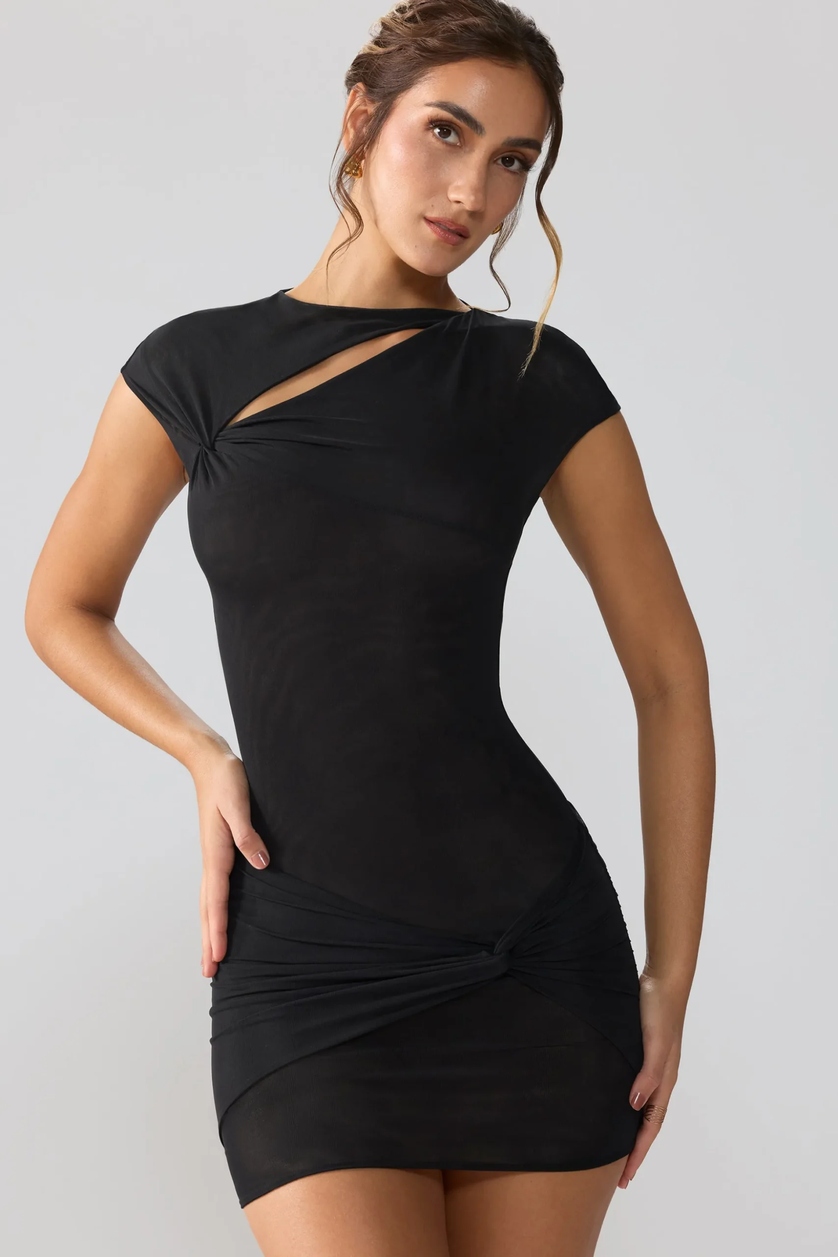 Oh Polly Fall Outfits^Mesh Cap Sleeve Cut Out Mini Dress in Black