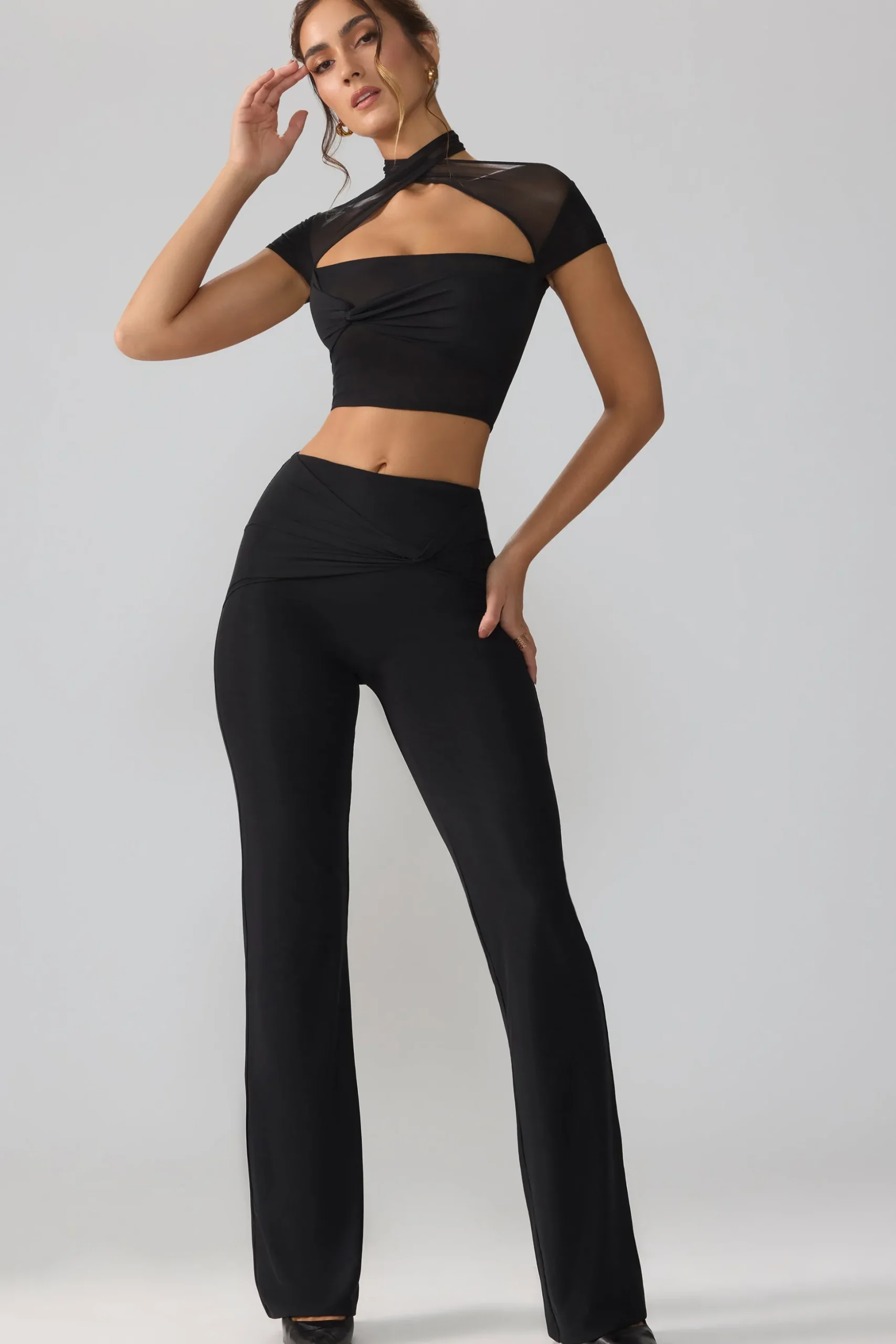 Oh Polly Bottoms | Fall Outfits^Mesh Mid Rise Twist Overlay Flare Trousers in Black