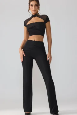Oh Polly Bottoms | Fall Outfits^Mesh Mid Rise Twist Overlay Flare Trousers in Black