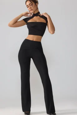 Oh Polly Bottoms | Fall Outfits^Mesh Mid Rise Twist Overlay Flare Trousers in Black