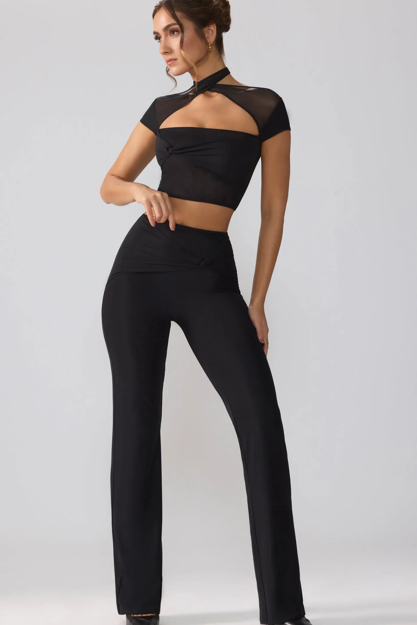 Oh Polly Bottoms | Fall Outfits^Mesh Mid Rise Twist Overlay Flare Trousers in Black