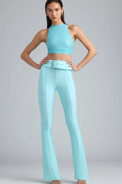 Oh Polly Women'S Clothing Sale - $65 And Under | Women'S Clothing Sale - $40 And Under^Metallic Belted Mid-Rise Flared Trousers in Ice Blue IceBlue