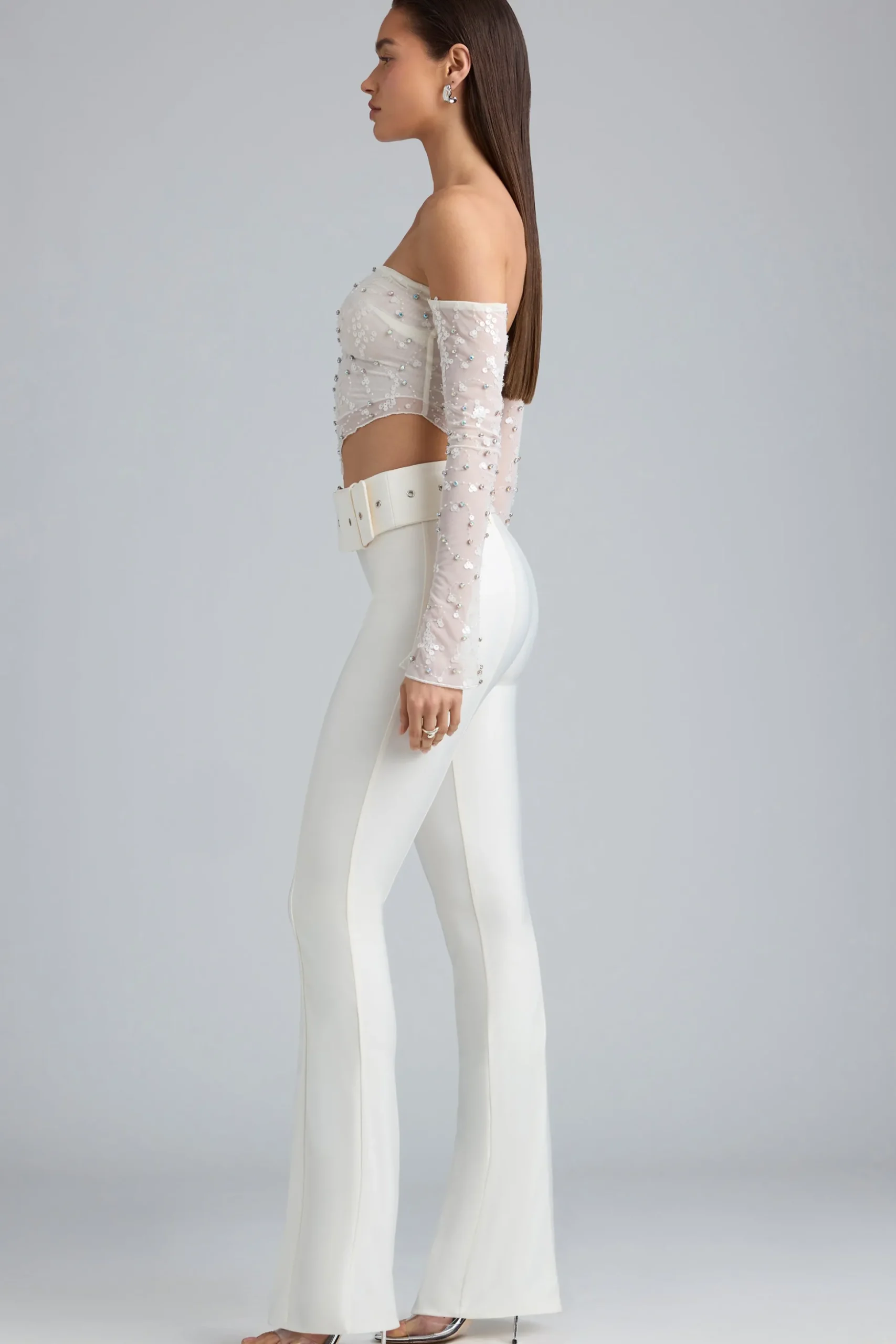 Oh Polly Women'S Clothing Sale - $65 And Under^Metallic Belted Mid-Rise Flared Trousers in Ivory
