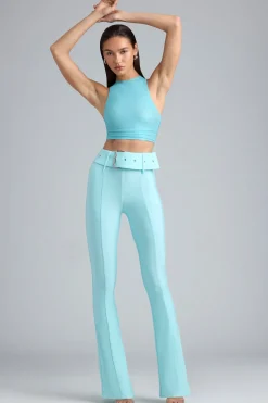 Oh Polly Women'S Clothing Sale - $65 And Under | Women'S Clothing Sale - $40 And Under^Metallic Belted Mid-Rise Flared Trousers in Ice Blue IceBlue