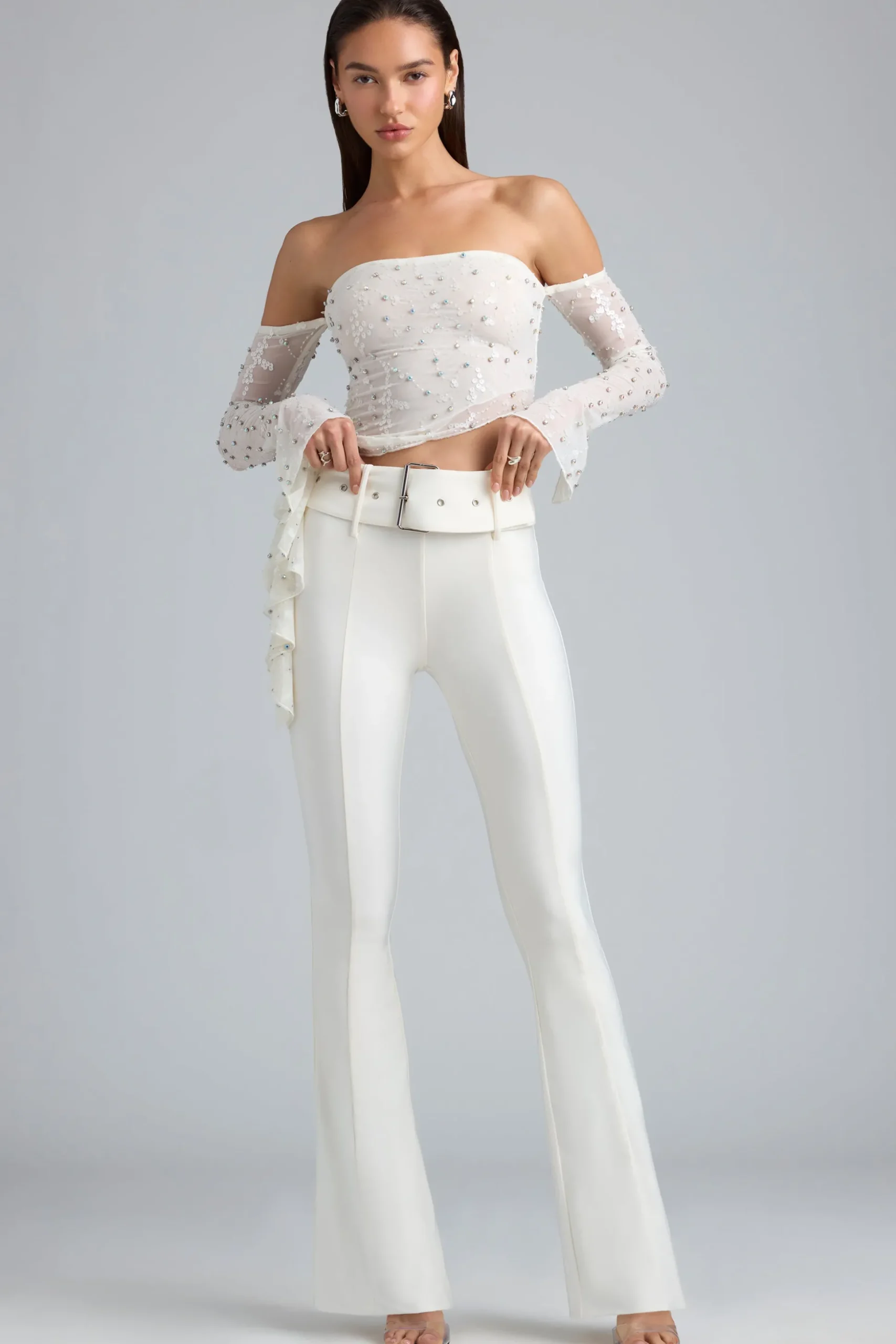 Oh Polly Women'S Clothing Sale - $65 And Under^Metallic Belted Mid-Rise Flared Trousers in Ivory