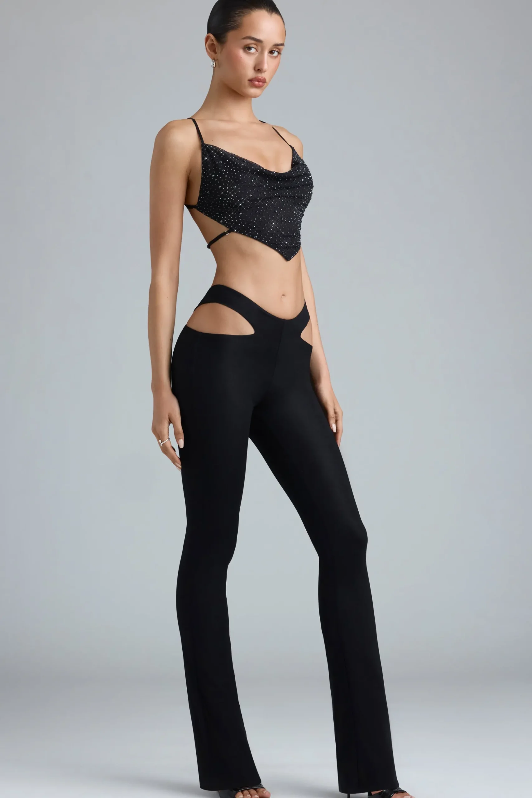 Oh Polly Women'S Clothing Sale - $65 And Under | Women'S Clothing Sale - $40 And Under^Metallic Cut-Out Low-Rise Flared Trousers in Black