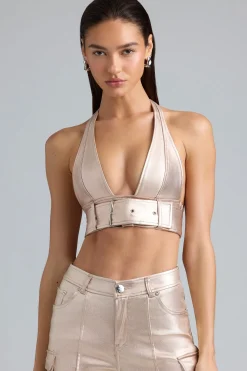 Oh Polly Women'S Clothing Sale - $65 And Under | Women'S Clothing Sale - $40 And Under^Metallic Denim Belted Crop Top in Champagne