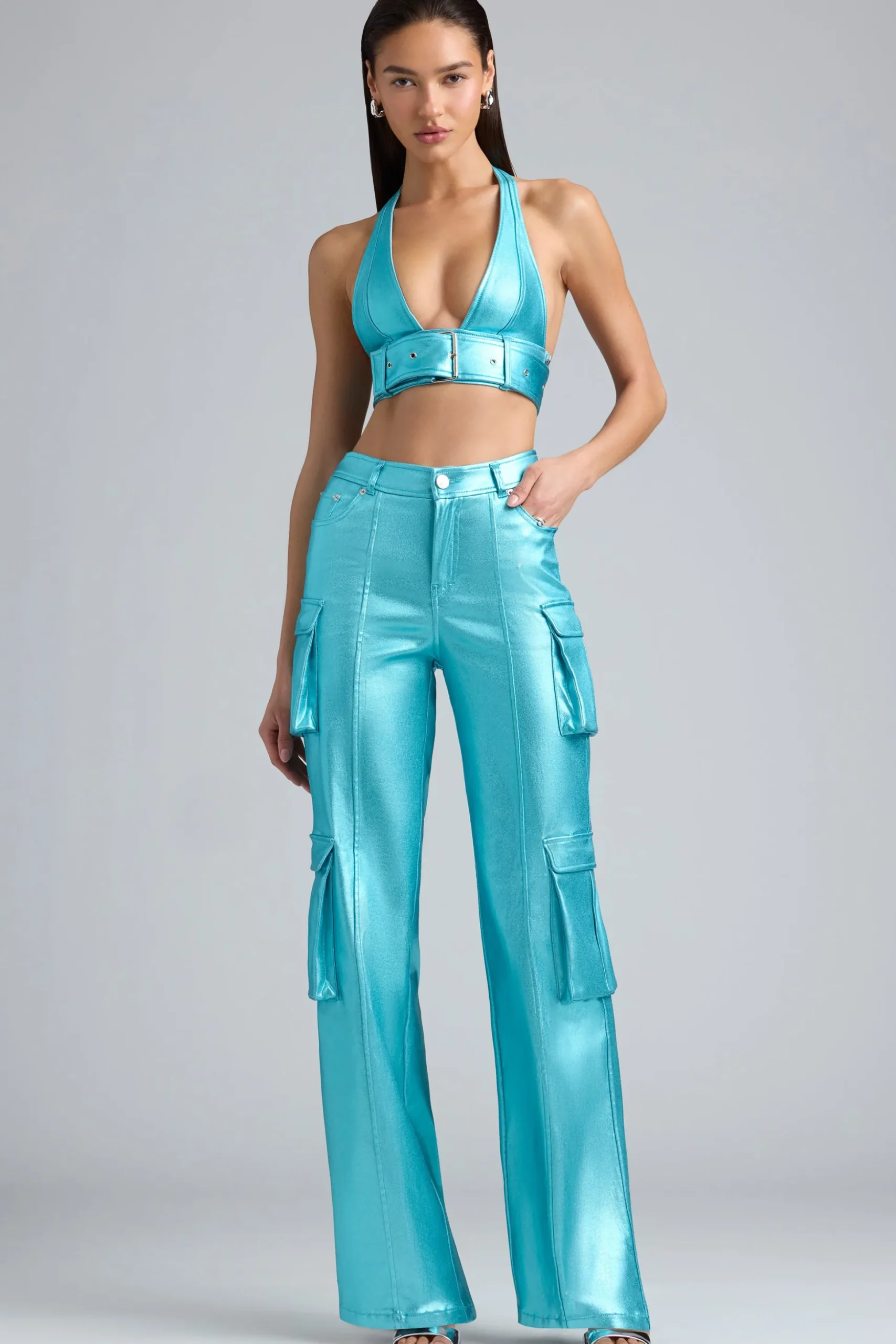Oh Polly Co-Ords | Tops^Metallic Denim Belted Crop Top in Aqua