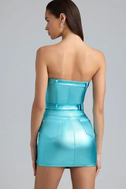 Oh Polly Women'S Clothing Sale - $65 And Under^Metallic Denim Belted Strapless Mini Dress in Aqua