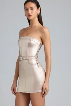 Oh Polly Women'S Clothing Sale - $65 And Under^Metallic Denim Belted Strapless Mini Dress in Champagne