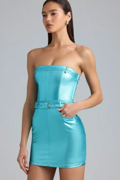 Oh Polly Women'S Clothing Sale - $65 And Under^Metallic Denim Belted Strapless Mini Dress in Aqua